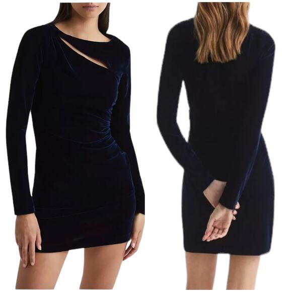 Reiss NWT Katie Cut Out Velvet Mini Dress Navy Blue Size 14 Long Sleeve - Picture 1 of 9